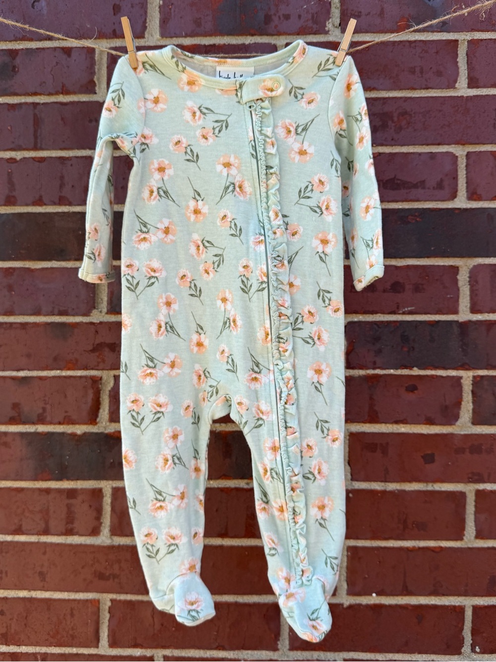 Floral Ruffle Zip Footed One-Piece - Light Mint